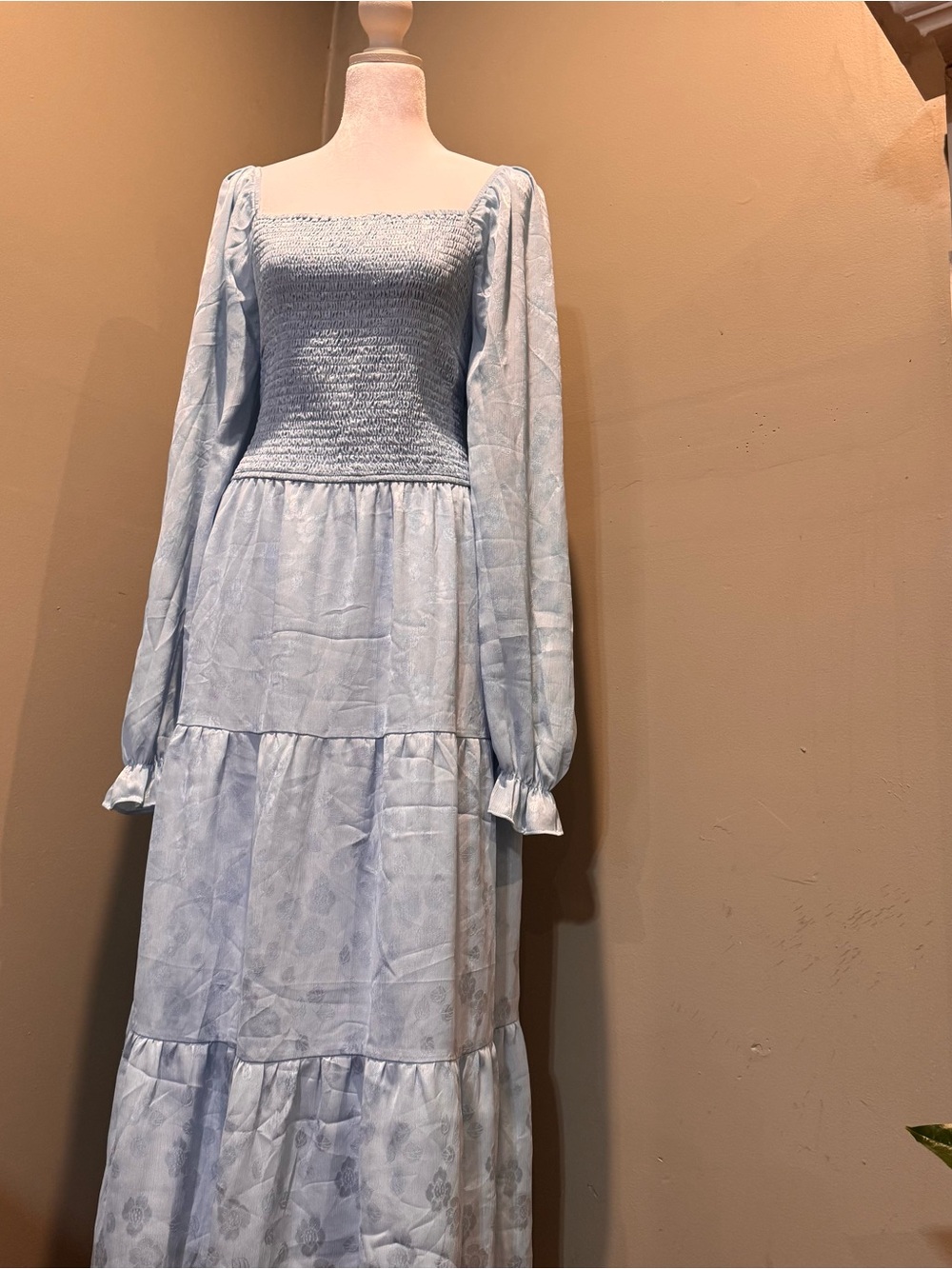 Light Blue Smocked Bodice Long Sleeve Maxi Dress